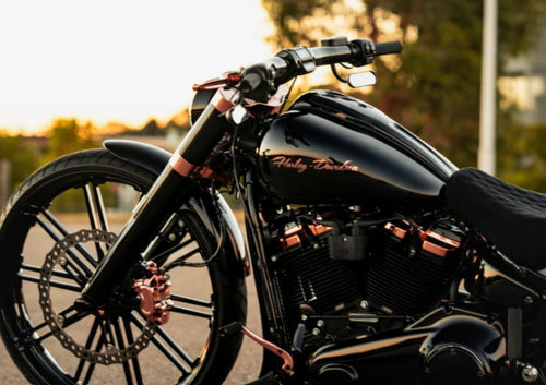 Black Harley-Davidson motorcycle with rose gold accents on a blurred background