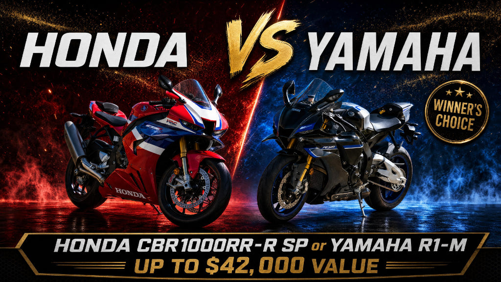 Promotional graphic comparing a red and white Honda CBR1000RR-R SP with a black and blue Yamaha R1-M, under the text 'HONDA VS YAMAHA' and a 'Winner's Choice' badge.