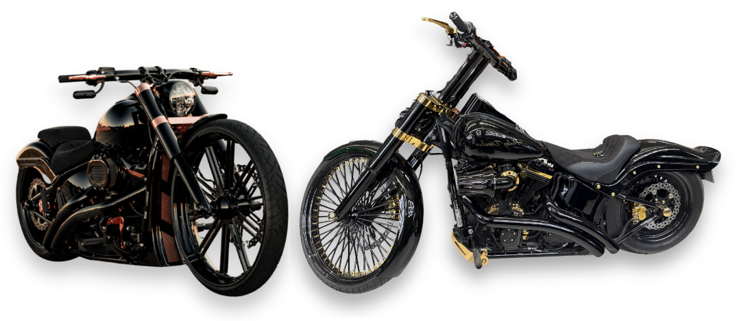 Two black motorcycles on a white background